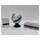 Porcelain hinged trinket boxes, computer, globe, scrabble. Globe is empty.