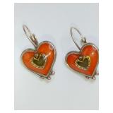 Vintage Brighton Portobello heart dangle earrings The design features a coral-pink enamel heart set in silver-plated metal, often accented with a smaller heart or decorative center.