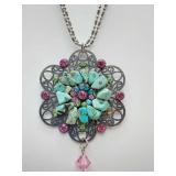 Decorative pendant necklace, filigree metal base, raw turquoise stones, and colorful crystal accents. Adjustable bar link & bead chain, cannot find any markings. One crystal on one piece turquoise mis