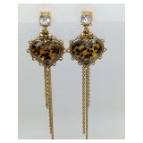 Rare Betsey Johnson leopard heart dangle earrings featuring gold-tone chains and crystal details. 3 1/2" long