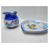 Deruta Italian Pottery Blue yellow, from Vietri, creamer, trinket dish.