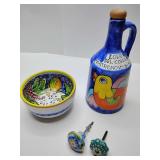 Deruta Italian Pottery 1 bowl, 1 corked bottle, 2 cabinet pulls.