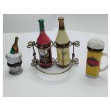porcelain hinged trinket boxes, miniature beer stein, a wine bottle holder set, and a champagne bucket. Only the beer has a trinket inside.