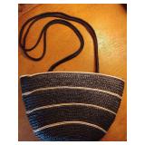 Black and gold tone straw braided handbag, 7 1/2" x 12", strap 17", zipper closure, some wear.