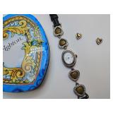 Vintage Brighton "Baltimore" Watch Hearts(gold to silver) Black Leather Band, and Brighton Rendezvous Mini Heart Post Earrings, and Gift Box.