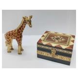 Decorative giraffe-shaped trinket box,  enameled metal and accented with crystals or rhinestones. And vintage marquetry lacquered mosaic wood inlay jewelry box, handcrafted in Granada, Spain, Moorish 
