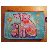 Laurel Burch brand cosmetic/clutch bag featuring a colorful dog design. 10" x 6 1/2".