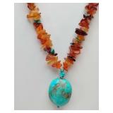 A.V. Max necklace is a combination of carnelian and turquoise stones with a lobster claw clasp.