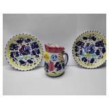 Blue Rooster Orvieto Blue - Deruta, Italy, Italian Pottery, 2 Bread Plates, 1 "Rooster of Fortune" Creamer.
