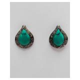Vintage 925 sterling silver stud earrings featuring teardrop-shaped green turquoise stones with a floral filigree design. Weigh 4 grams without backs.