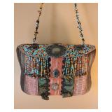 Small multi-colored beaded purse 5 1/2" x 8", dark green, peach, browns.