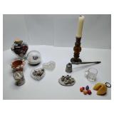 Hidden Gems in this Mixed lot: Miniature porcelain tea set, "Made in Occupied Japan"  Pico. Assorted shells. Federal Glass shotglass. Vintage Pewter Bell Candle Snuffer with Wood Handle. Fortune Cook