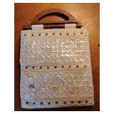 Vintage Expressions NYC beaded handbag featuring shell-like beads and a wooden handle. 9 3/4" x 8 3/4".