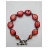 Barse Red Coral and Turquoise Silver Toggle Bracelet.