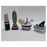 Porcelain hinged trinket boxes, lipstick, vacuum, Miss Piggy, ladies shoes on box.