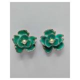 Vintage Kenneth Jay Lane Teal and Pearl Enamel Flower Earrings, Gold Tone. Need backs.