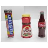 Collectible ceramic porcelain hinged trinket boxes, Pace Picante Sauce, Coca-Cola, and Life Savers. The Life Savers is empty.