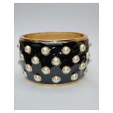 Avon Mark Black White Faux Pearl Beaded Clamper Bracelet with box. Bold statement piece. 1 3/4" wide.