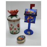 Vintage Italian micro mosaic pill box, Enameled copper mailbox trinket box or postage stamp dispenser. Vintage porcelain hinged trinket or candle box from the Bombay Company, featuring a lid topped wi