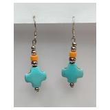 Silver Earrings with Turquoise Howlite Cross.