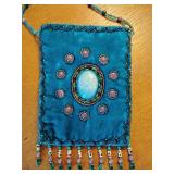 Small Teal Velvet, light blue and purple beading, zipper closure, 4 3/4" x 6 1/2", beaded strap 25" long.