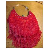 Lapis vintage-style beaded flapper handbag,  vibrant red color, silver tone handle and cascading fringe of glass beads, Art Deco fashion of the 1920s. 13" x 8".