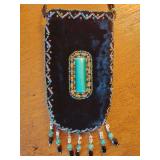 Tiny Black Velvet, Turquoise Beaded Handbag, 3" x 5 1/2", beaded strap 18" long.