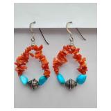 Navajo Native American handcrafted earrings, with genuine red coral chips, turquoise, and sterling silver beads.