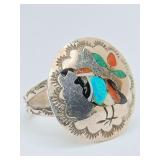 Vintage Zuni Native American ring, Sterling silver inlaid with turquoise, coral, onyx, and mother of pearl.  A quail bird design. Size 6, weighs 4 grams.