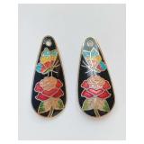 Vintage teardrop-shaped enamel pendants featuring a butterfly and rose motif. Needs wires or posts added.