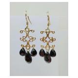 Vermeil 825 dangle chandelier earrings, with opaque black teardrop-shaped gemstones.
