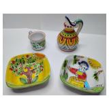 Italian Pottery Deruta 2 small square bowls, 1 small pitcher and 1 small cup.
