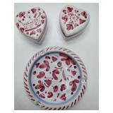 Deruta Italian Pottery Red Floral Ashtray, 2 heart shaped trinket boxes.