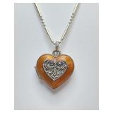 Judith Jack Sterling Silver Orange Enamel Heart Locket Charm Pendant 925 6 grams on a vintage 12" Italy 925  sterling silver ball and bar chain necklace 4 grams, often referred to as a "dot dash" or "