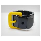 Vintage-style chunky stretch bracelet featuring a distinctive belt buckle design. It is crafted with black rectangular panels and a vibrant yellow buckle accent.