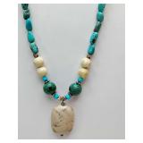 Beaded necklace, irregular tumbled turquoise nuggets  turquoise, rectangular "white buffalo" turquoise central pendant, 925 silver clasp.