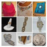Evening Handbags, Gold & Silver Jewelry, Sterling, Coins, Miniature Hinged Trinket Boxes, Italian Pottery, Books & MORE