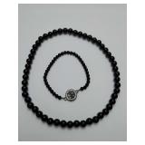 Tory Burch, "Miller" Black Beaded Stretch Bracelet, with Crystal Logo and a Black Beaded Stretchy Necklace.