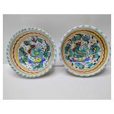 Green Rooster (Ovieto) by Deruta, Italy: 2 small bowls. One has (R) has chips on rim, (L) has crackled finish.