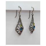 Sterling Silver 925 Dangle Earrings with Multi-color Stones and Marcasite weigh 4 grams