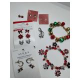 Christmas Jewelry 8 pairs earrings, 1 brooch, 2 bracelets, see pics.