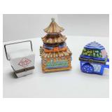Porcelain hinged trinket boxes, a pagoda, take-out box, flower cart. Pagoda and flower cart are empty.