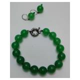 Green jade round bead bracelet, and earrings.