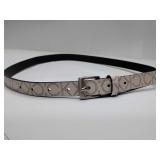 Calvin Klein monogram logo belt, featuring an all-over "CK" pattern on a textured, neutral-toned material. Marked size SM, very little use, like new.