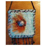 Small Light Blue Velvet, feather, black beaded handbag, Zipper closure, 4 1/2" x 4 1/2", beaded strap 27". One bottom beaded fringe missing, but barely noticeable.