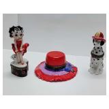 Porcelain hinged trinket boxes, Betty Boop, ladies hat, dalmatian fire dog. The dalmatian is empty.