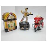 Porcelain hinged trinket boxes, jukebox, Elvis, and a motorcycle. Jukebox and motorcycle are empty.