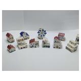 Collection of Vintage Mediterranean Ceramic Building Figurines Chapel Houses Bar, 11 pieces, have fronts and backs.
