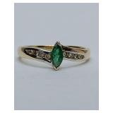 Vintage marquise-cut emerald and diamond 4 tiny each side bypass ring set in 14K yellow gold. Size 7. Weighs 2 grams. PJM stamped inside also, Palladium Jewelry Mark.