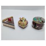 Vintage hinged metal and enamel trinket boxes with rhinestones.